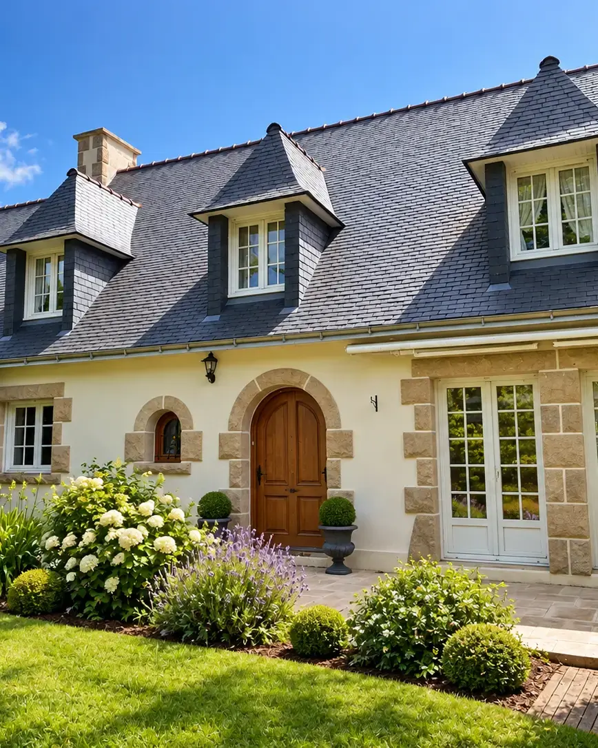 Maison néo-bretonne aux murs clairs, toit d'ardoise à lucarnes et jardin fleuri